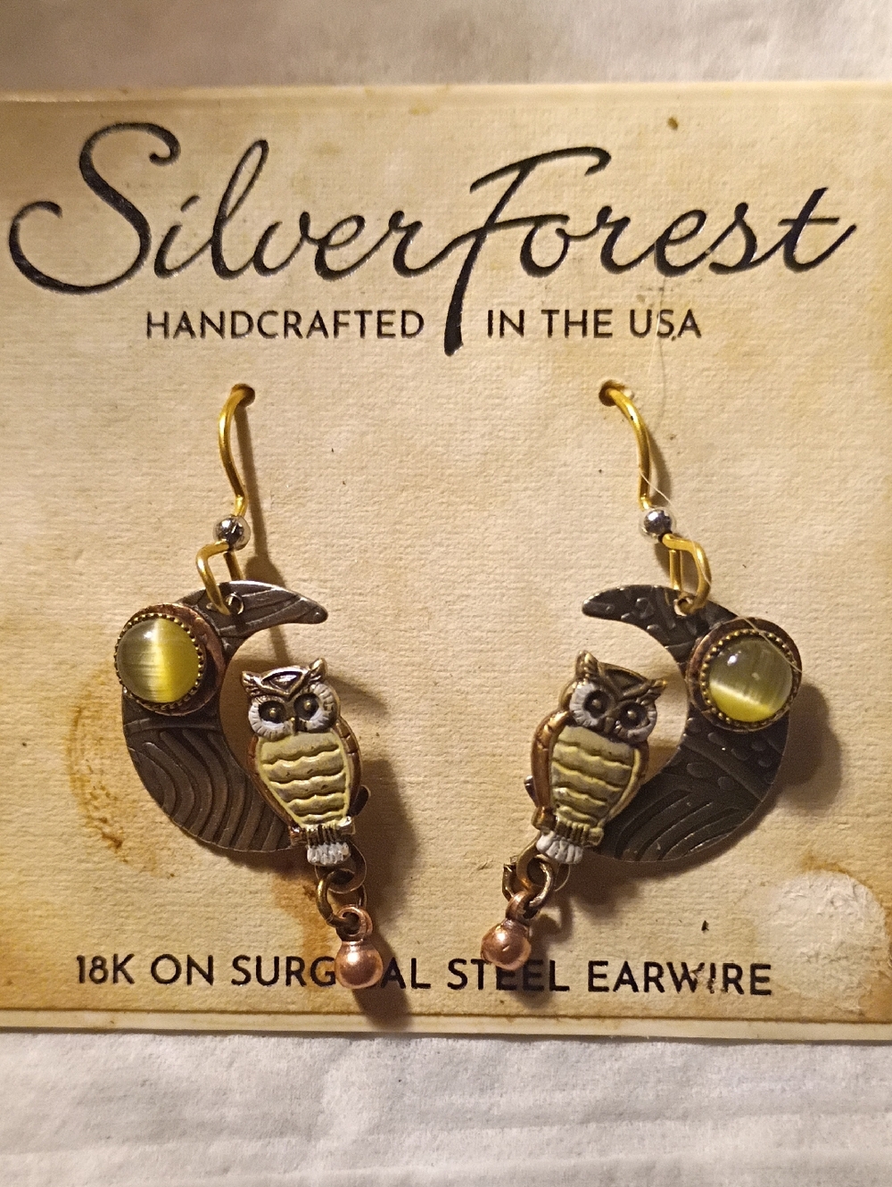 18K on Surgical Steel Gold and Yellow owls moon and stone